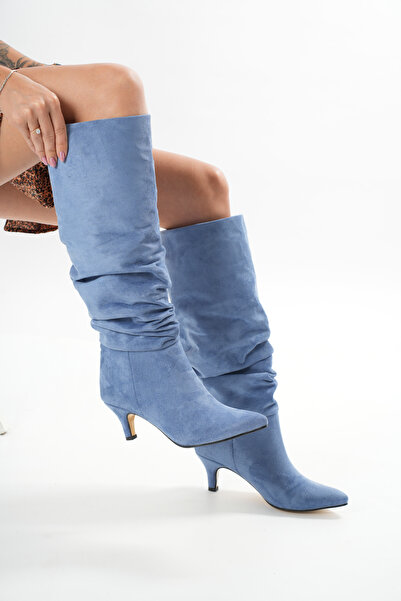 brawerlife Midnight Kadın/Kız Mavi Kısa Topuklu Süet Detaylı Sivri Burun Çizme