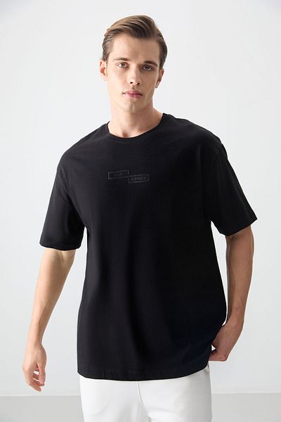 AIR JONES Tricou pentru bărbați, negru, 100% bumbac, gros și moale, cu textura supradimensionată, imprimat - 88361