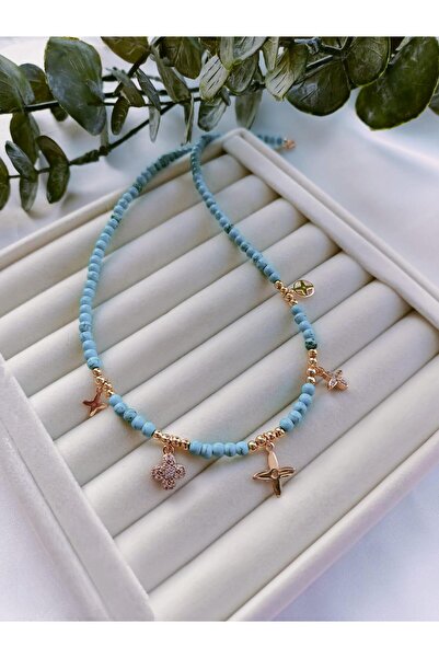 Jerie Turkuaz Boncuk Gold Charm Detaylı Kolye