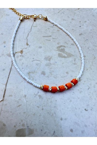 Jerie Coral and White Bead Detailed Anklet