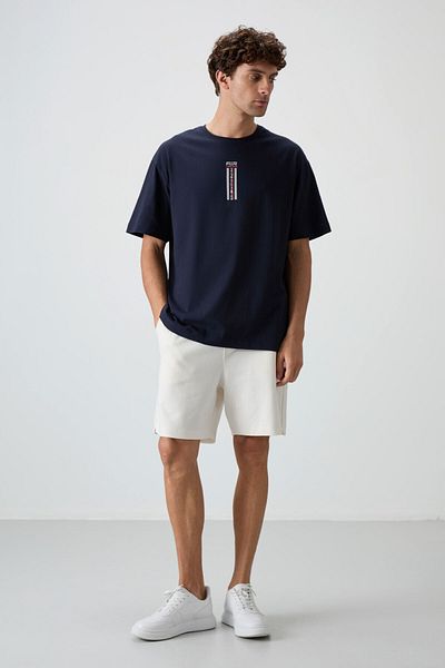 AIR JONES Navy Blue 100% Cotton Thick Soft Textured Oversize Fit Printed Men's T-Shirt - 88360