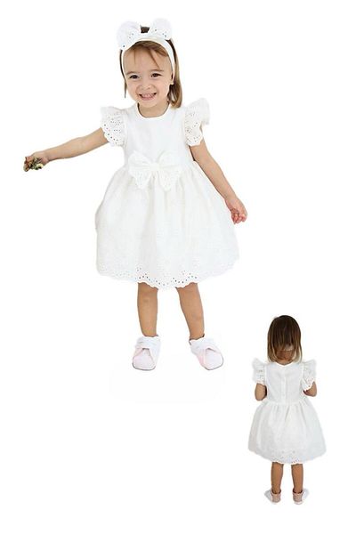 Minigimin Cicileri Embroidery Baby Girl Dress - My Little Flowers Flower Embroidery, Bow Detail - Cream