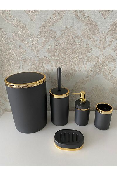 Trend Banyo Mutfak 5-Piece Anthracite Gold Mat Bathroom Set / Wc Brush Holder, Liquid - Solid Soap Dispenser, Trash Can, Toothbrush Holder