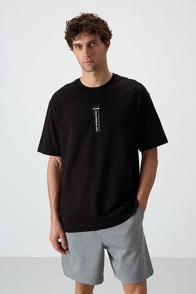 AIR JONES Tricou pentru bărbați, negru, 100% bumbac, gros, moale, cu textura supradimensionată, imprimat - 88360