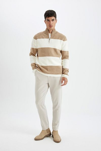 DeFacto Standard Fit Regular Cut Striped Stand Collar Zip-Up Knitwear Sweater A9518Ax24Wn