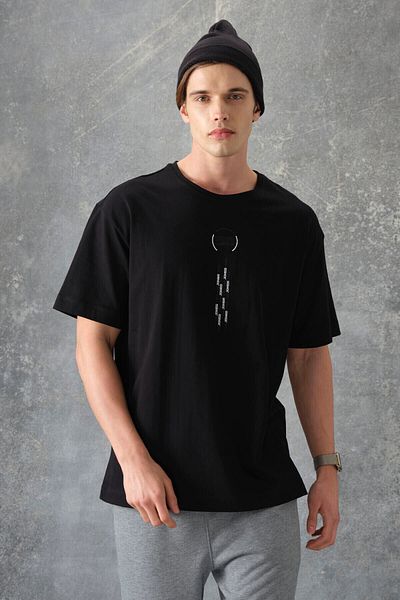 AIR JONES Tricou pentru bărbați, negru, 100% bumbac, gros și moale, cu textura supradimensionată, imprimat - 88355