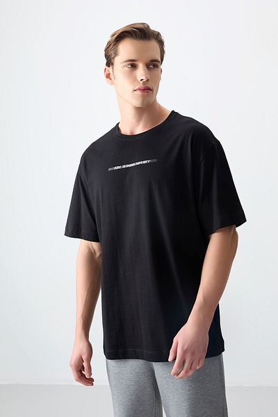 AIR JONES Tricou pentru bărbați, negru, 100% bumbac, gros și moale, cu textura supradimensionată, imprimat - 88358