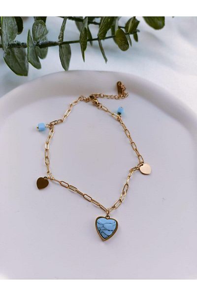 Jerie Turquoise Gold Steel Anklet - Heart Detailed