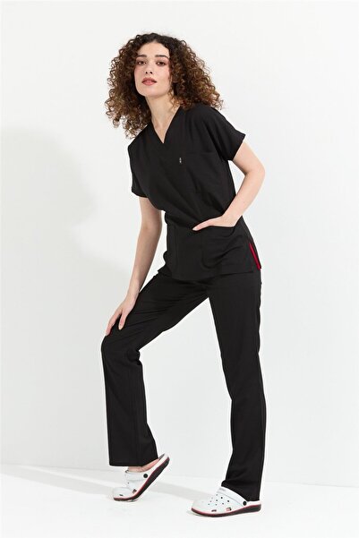 Çatı Medikal Happiness Spaniard - Likralı Doktor Hemşire Forma Takımı Scrubs Üniforma Cerrahi Takım (KADIN), Siya