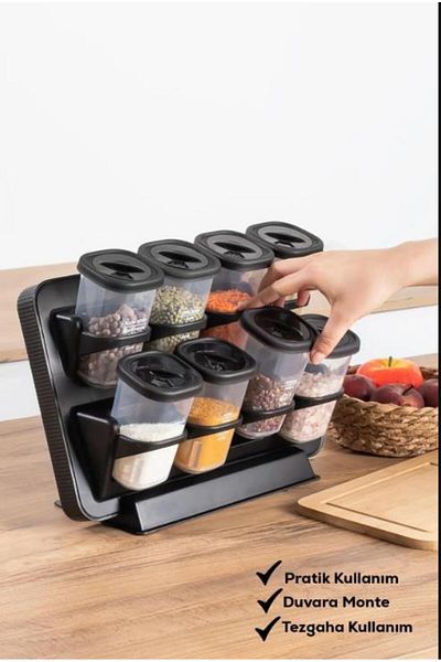 Hayveys 8-Piece Black Spice Set with Stand - Countertop Cover, Adhesive Wall Mounted