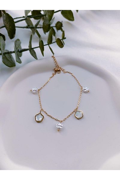 Jerie Steel Anklet - Pearl and Mother of Pearl Clover Detailed