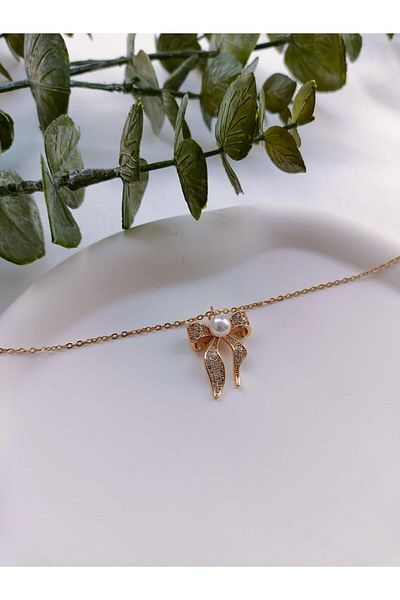 Jerie Steel Anklet - Gold Pearl Zircon Stone Bow