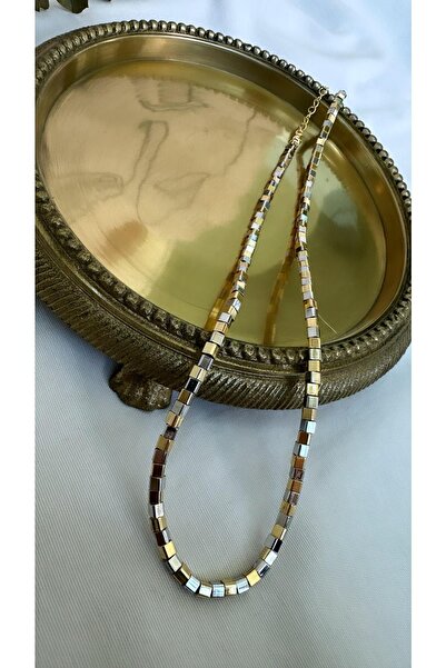 Jerie Gold Silver Küp Detaylı Boru Plaka Kolye