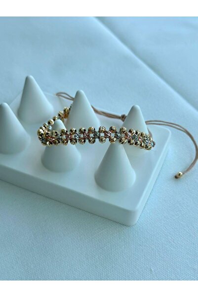 Jerie Gold Silver Rose Dorika Topçuk Detaylı Ayarlanabilir Örme Bileklik