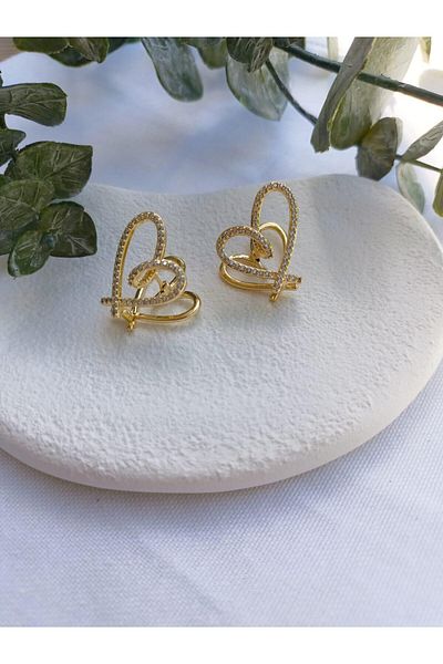 Jerie Zircon Stone Detailed Gold Heart Earrings