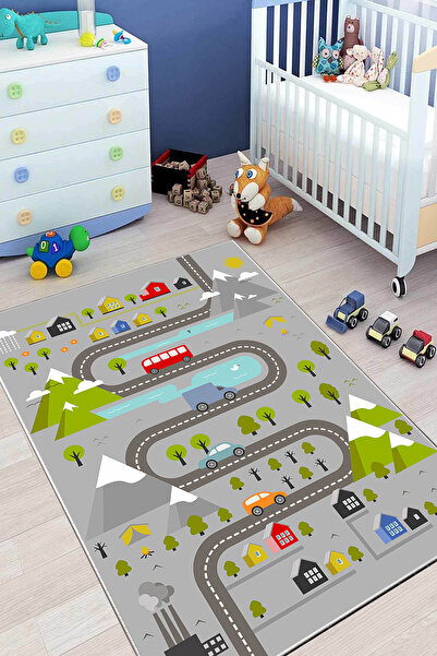 stylehome Dijital Kaymaz Yıkanabilir Arabalı Yol Haritası Oyun Halısı Çocuk Odası Halısı