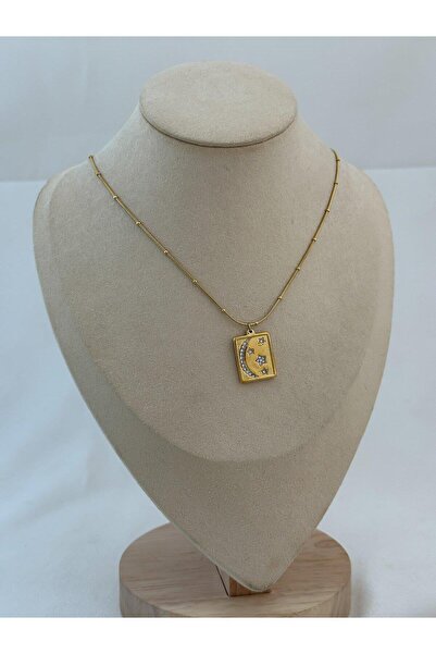 Jerie Gold Kare Plaka Ay ve Yıldız Detaylı Çelik Kolye