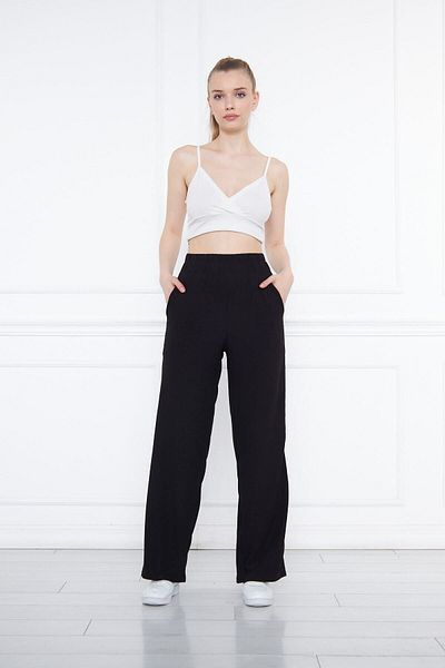 THIFF GYMWEAR Black Elastic Waist Wide Leg Double Pocket High Waist Sweater Knitted Women's Trousers