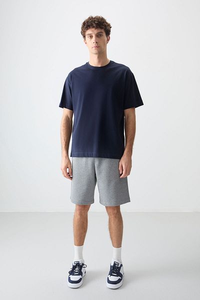AIR JONES Тъмносиня 100% памучна дебела мека текстурирана тениска Oversize Basic Basic - 88353