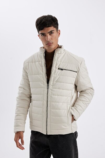 DeFacto Waterproof Slim Fit Slim-Fit Stand Collar Zippered Inner Pocket Sunsh Leather Jacket Coat X4014Az24Wn