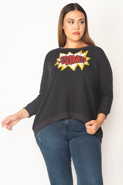 Şans Women's Large Size Black Sequin Detailed Sweatshirt 65n28394