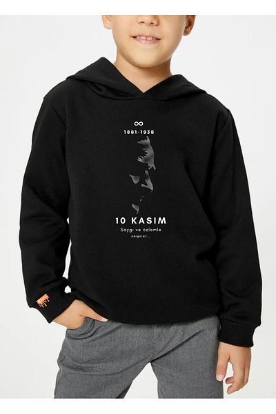 FML MODA TASARIM DİKİŞ Daisy Kids Cotton 10 November Ataturk Printed Black Children's Sweatshirt