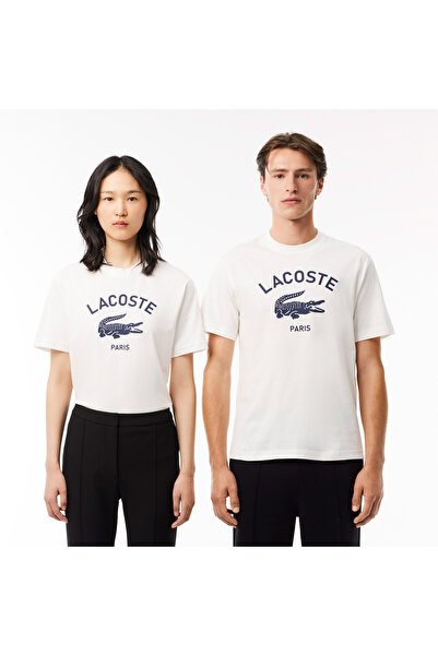 Lacoste Unisex Bisiklet Yaka Baskılı Beyaz T-Shirt