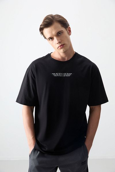 AIR JONES Tricou negru oversize pentru bărbați, 100% bumbac, gros, moale, texturat 88356