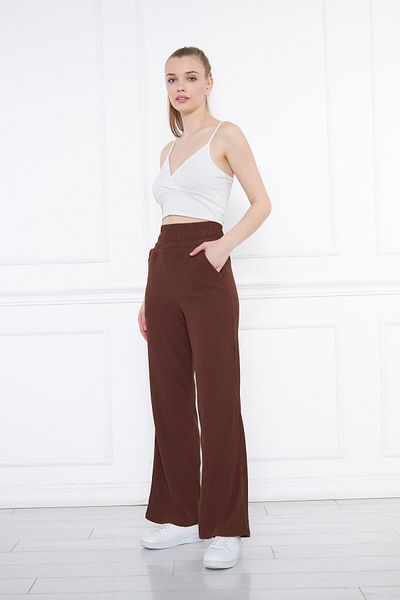 THIFF GYMWEAR Brown Elastic Waist Wide Leg Double Pocket High Waist Sweater Knitted Women's Trousers