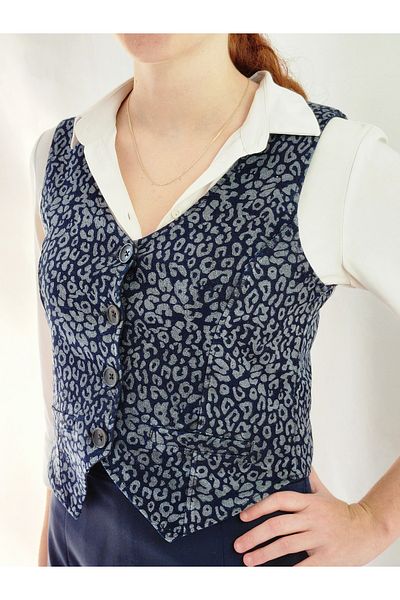 YAXİ Women's Leopard Patterned Decoration Pocket Buttoned Jeans Vest