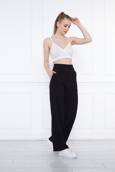 THIFF GYMWEAR Black Elastic Waist Wide Leg Double Pocket High Waist Sweater Knitted Women's Trousers