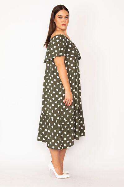 Şans Жіноче плаття великого розміру з хакі коміром, гумкою та воланами, з тканого віскозного матеріалу 65n28954