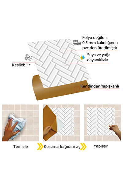 TİNK Kendinden Yapışkanlı Beyaz Balıksırtı Desenli Pvc Karo 30x30 Cm (11 ADET) 1m2