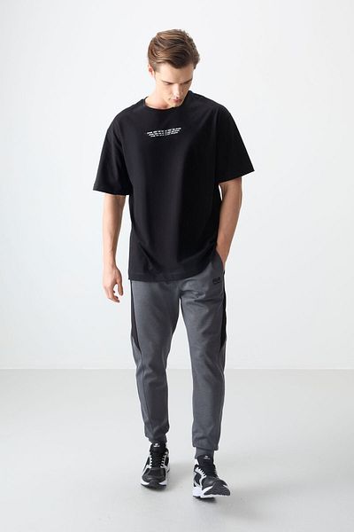 AIR JONES Tricou negru oversize pentru bărbați, 100% bumbac, gros, moale, texturat 88356