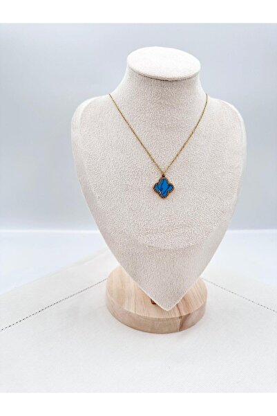 Jerie Gold Mavi Mineli Yonca Çelik Kolye