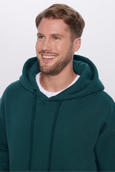Tudors Unisex Oversize Wide Cut Cotton Soft Textured Basic Green Hooded Sweatshirt with Fleece Inside