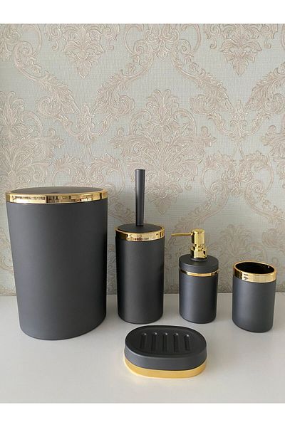 Trend Banyo Mutfak 5-Piece Anthracite Gold Mat Bathroom Set / Wc Brush Holder, Liquid - Solid Soap Dispenser, Trash Can, Toothbrush Holder