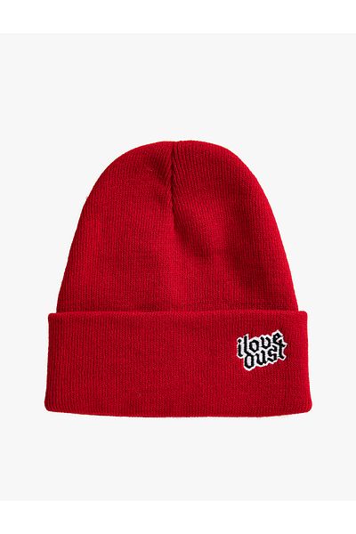 Koton Basic Knitted Beret with Slogan Embroidered Fold Detail