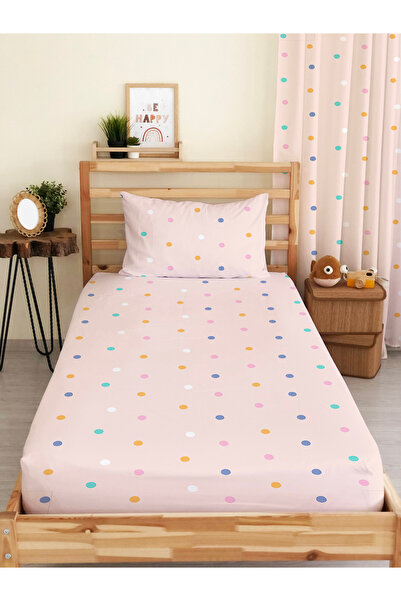 Evmila Puantiye Desenli Baskılı Tek Kişilik Lastikli Çarşaf Seti Pembe