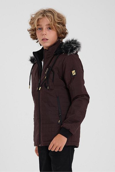 SİVAİST Boy's Claret Red Quilted Coat - Water and Windproof, Detachable Hood