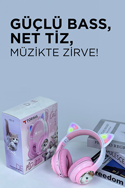 Torima HD11 Pembe Sevimli Kedi Karükatür Kulak Led Işıklı 5.3 Bluetooth Kulak Üstü Kulaklık