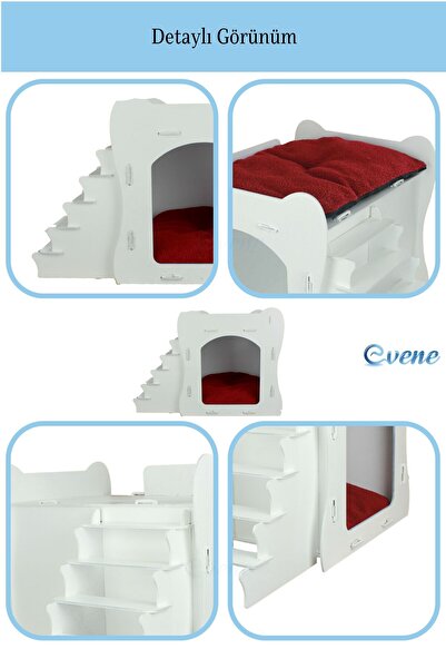 Evene Ahşap Köpek Kulübesi Dekoratif Köpek Evi Beyaz Renk Merdivenli Model