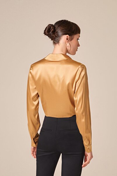 rue Tie-Up Silk Crop Gold Shirt Blouse