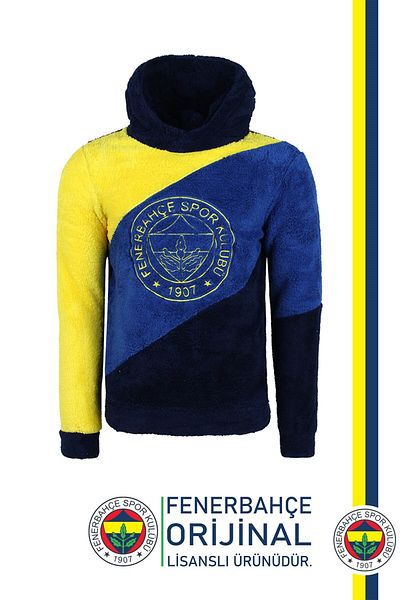 Fenerbahçe Γνήσιο βελούδινο φούτερ με κουκούλα με κίτρινο μπλε ναυτικό με άδεια χρήσης
