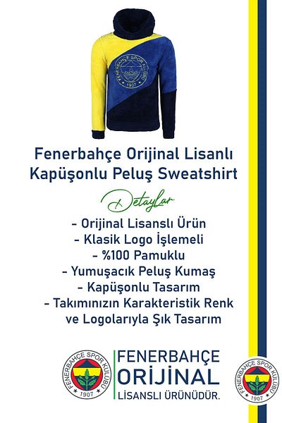 Fenerbahçe Γνήσιο βελούδινο φούτερ με κουκούλα με κίτρινο μπλε ναυτικό με άδεια χρήσης