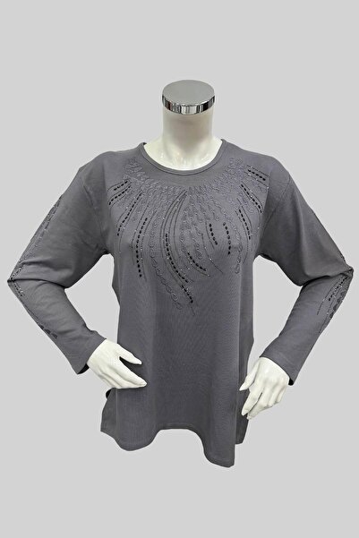 Moda Zeyn Kadın Viskon Eğimli Çizgili Taşlı Işlemeli Gri Anne Penye Bluz