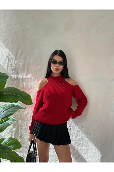 Angel Mia Omuzu Açık Triko Kazak Kırmızı