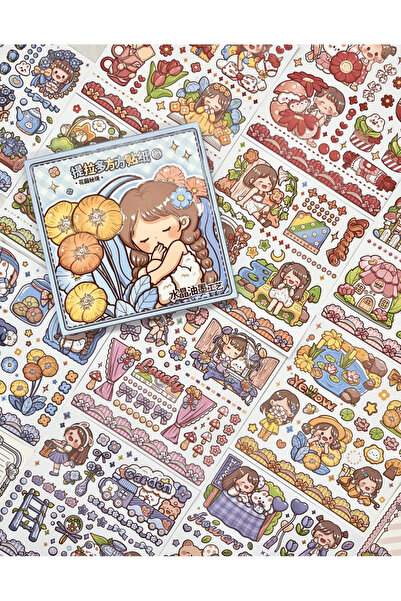 Genel Markalar Tatlı Kız ve Tavşan Mavi Kutu 12 Yaprak Sticker 2 Yaprak Desen...