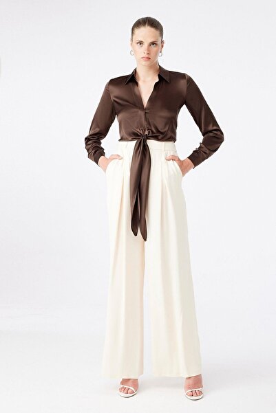 rue Tie-Up Silk Crop Brown Shirt Blouse