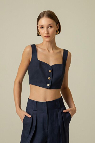 rue Askılı Gold Düğme Detaylı Lacivert Crop Top
